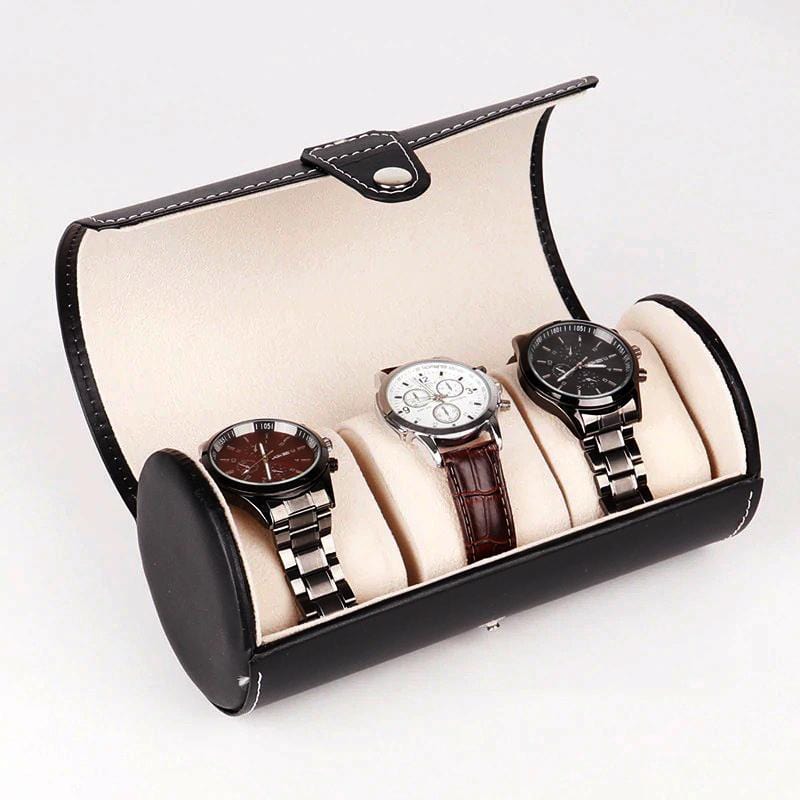 Black Leather Watch Roll (3 watches) - Magnus Watch
